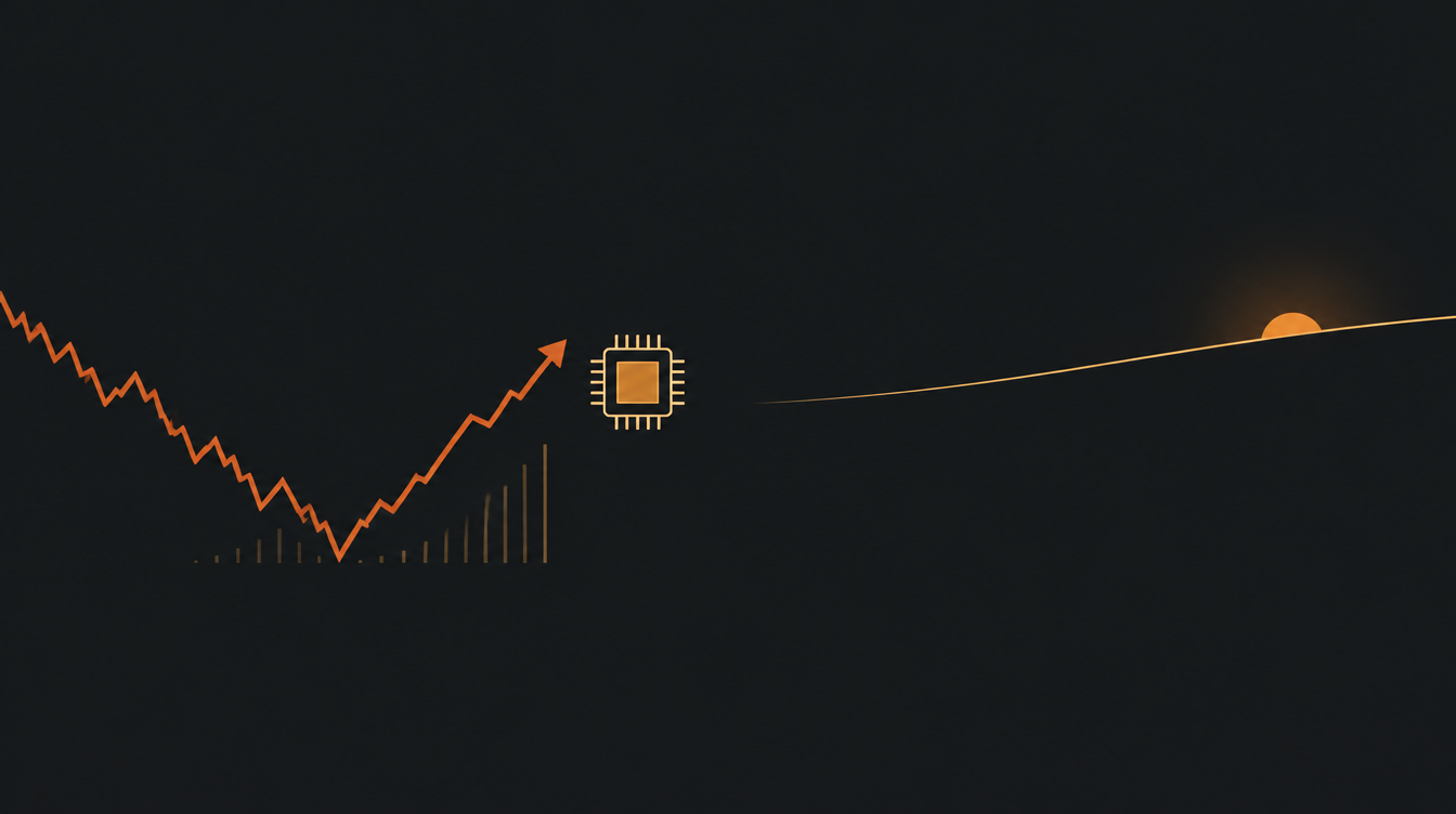Uma linha de gráfico que cai e volta a subir até um pequeno chip, com outra linha fina subindo ao fundo em direção a um sol