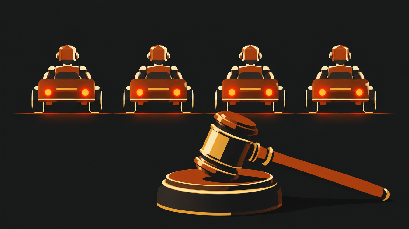 Quatro silhuetas geométricas de robô, cada uma num carrinho igual, parados lado a lado na mesma linha com os faróis acesos, e um martelo de juiz em primeiro plano