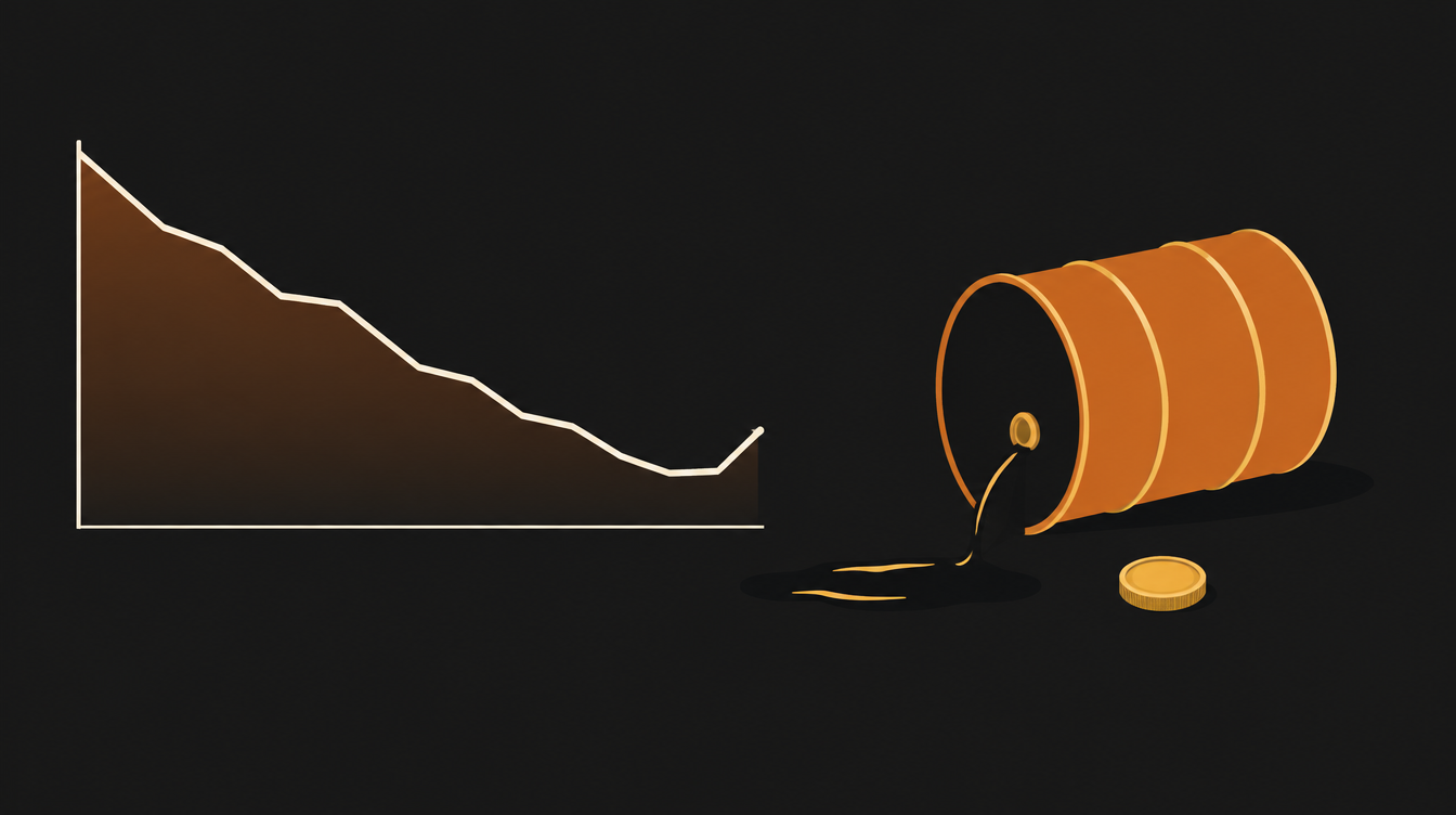 Uma linha de gráfico que desce e dobra para cima no fim, ao lado de um barril de petróleo tombando e de uma moeda pequena