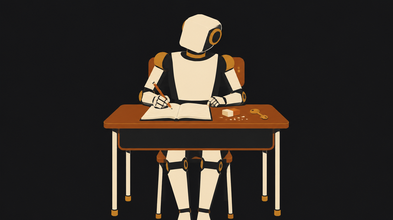 Um robô geométrico sentado numa carteira escolar, escrevendo num caderno aberto, com uma borracha e uma chave pequena sobre a mesa