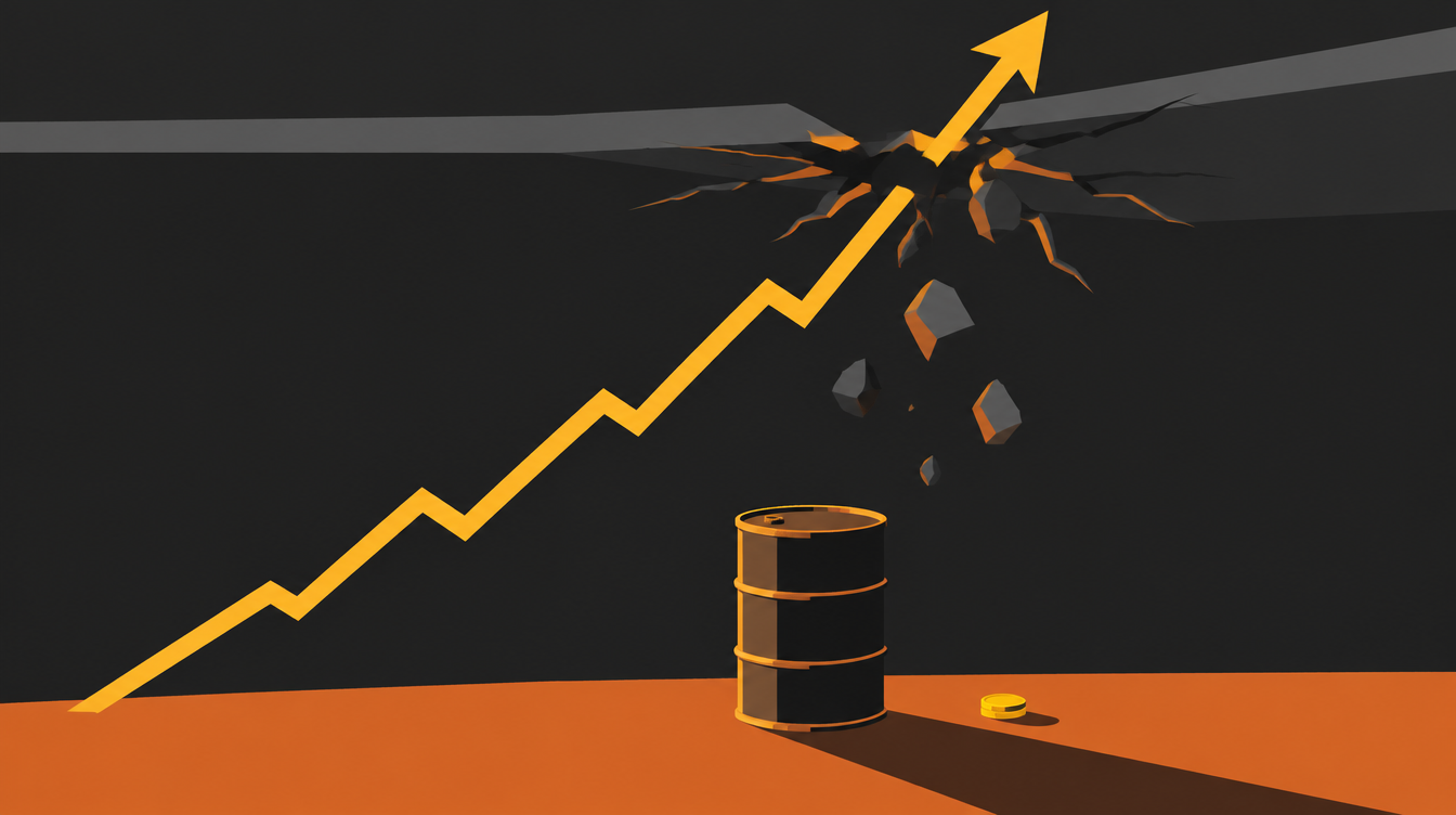 Um gráfico de linha subindo em ângulo acentuado e atravessando um teto que racha, com um pequeno barril de petróleo e uma moeda embaixo