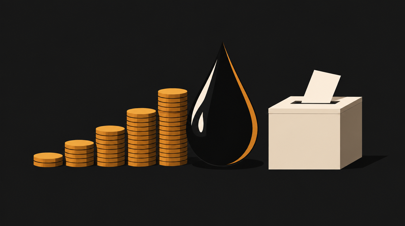 Uma pilha de moedas douradas subindo em forma de escada ao lado de uma gota grande de petróleo e de uma urna com uma cédula em branco entrando pela fenda