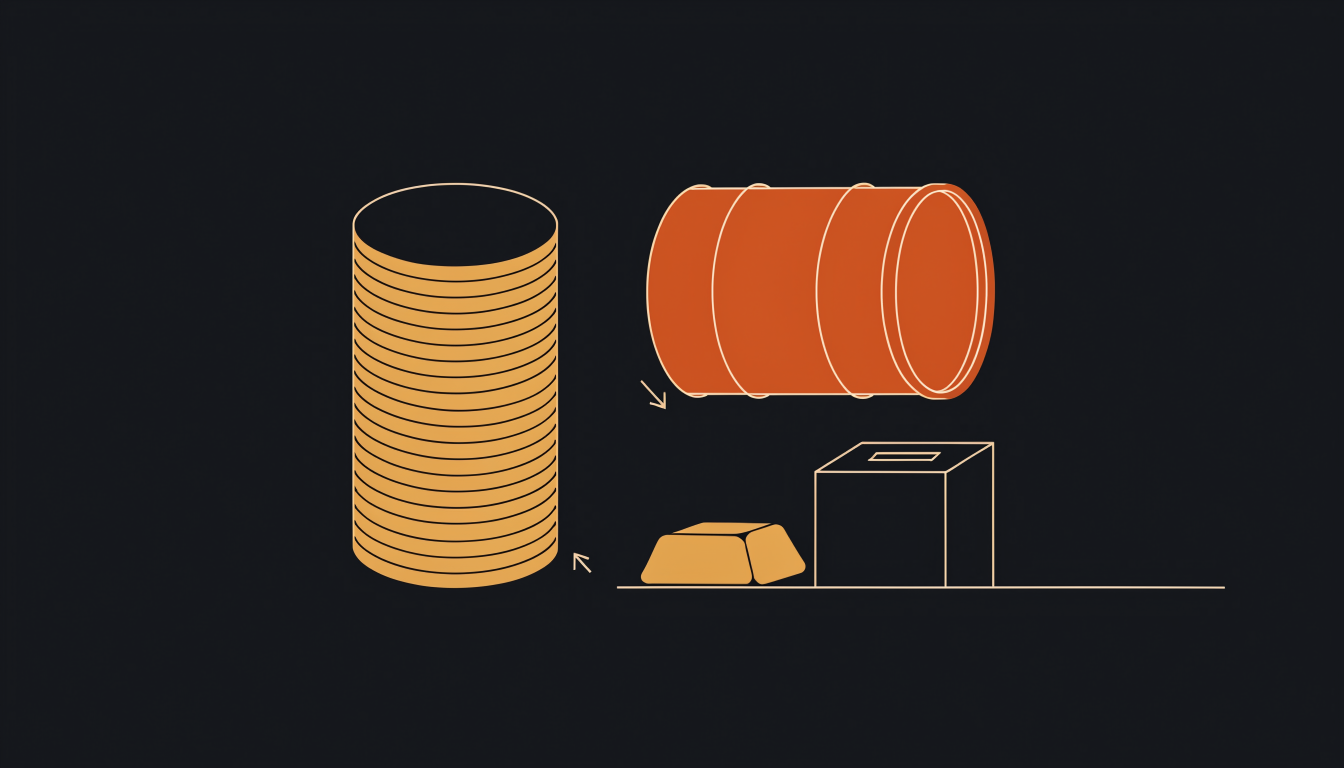 Uma pilha de moedas douradas e um barril de petróleo com pequenas setas apontando para baixo, ao lado de uma barra de ouro no chão e de uma urna