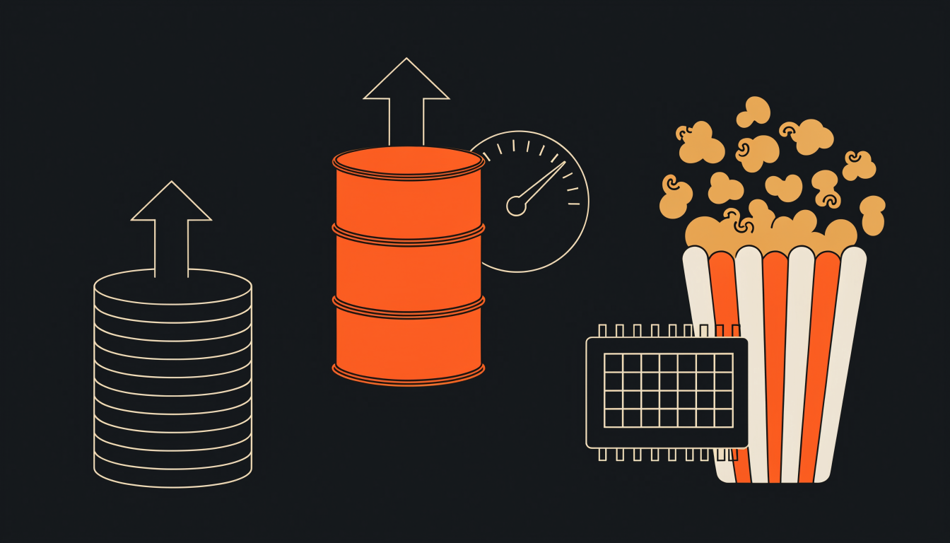 Uma pilha de moedas com uma seta para cima, um barril de petróleo laranja com uma seta para cima ao lado de um medidor, e um chip de memória ao lado de um balde de pipoca de cinema transbordando