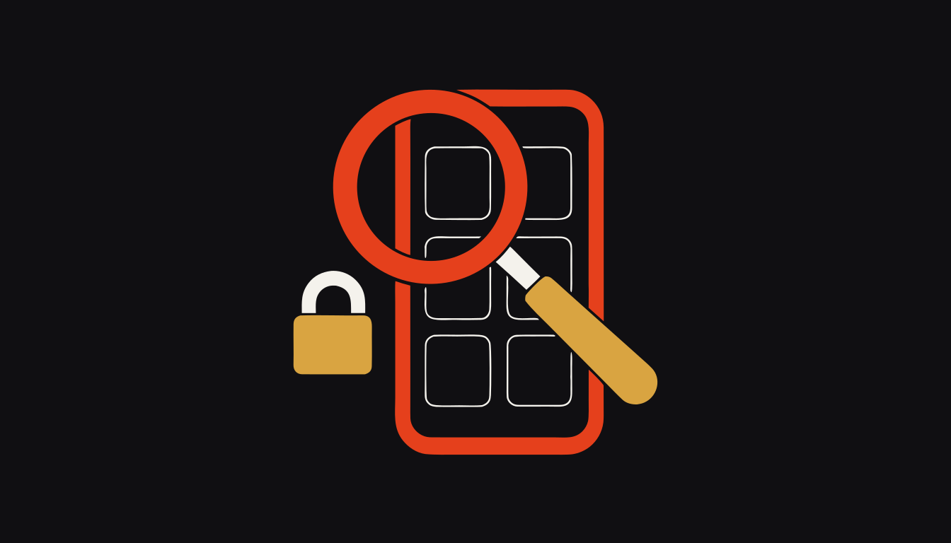 Uma lupa grande sobre a tela de um celular com uma grade de quadrados vazios, e um cadeado fechado ao lado