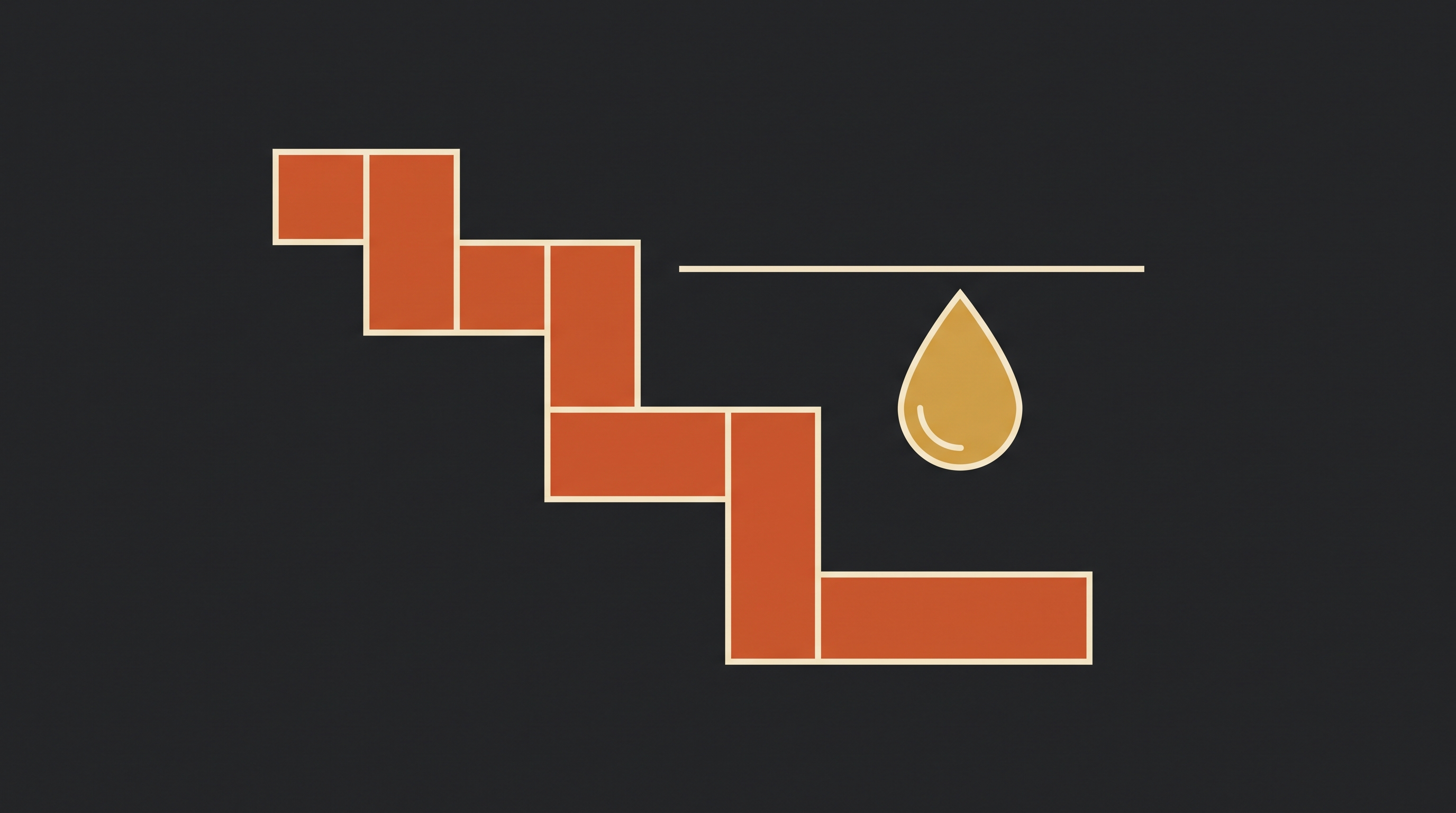 Uma linha de blocos geométricos descendo em degraus e, ao lado, uma gota de óleo caindo abaixo de uma linha fina de referência