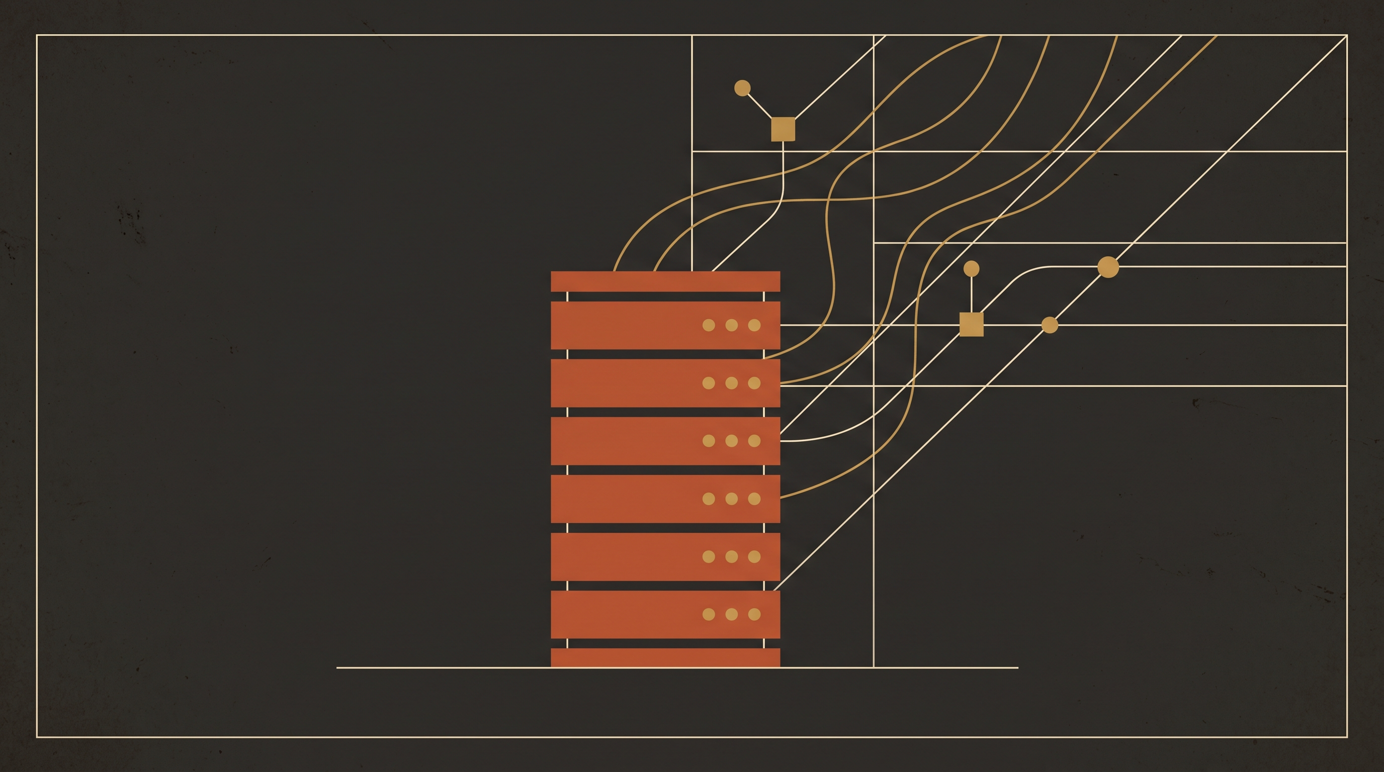 Um rack de servidores desenhado como pilha de retângulos com pontos luminosos, com linhas de rede saindo dele e subindo para a direita