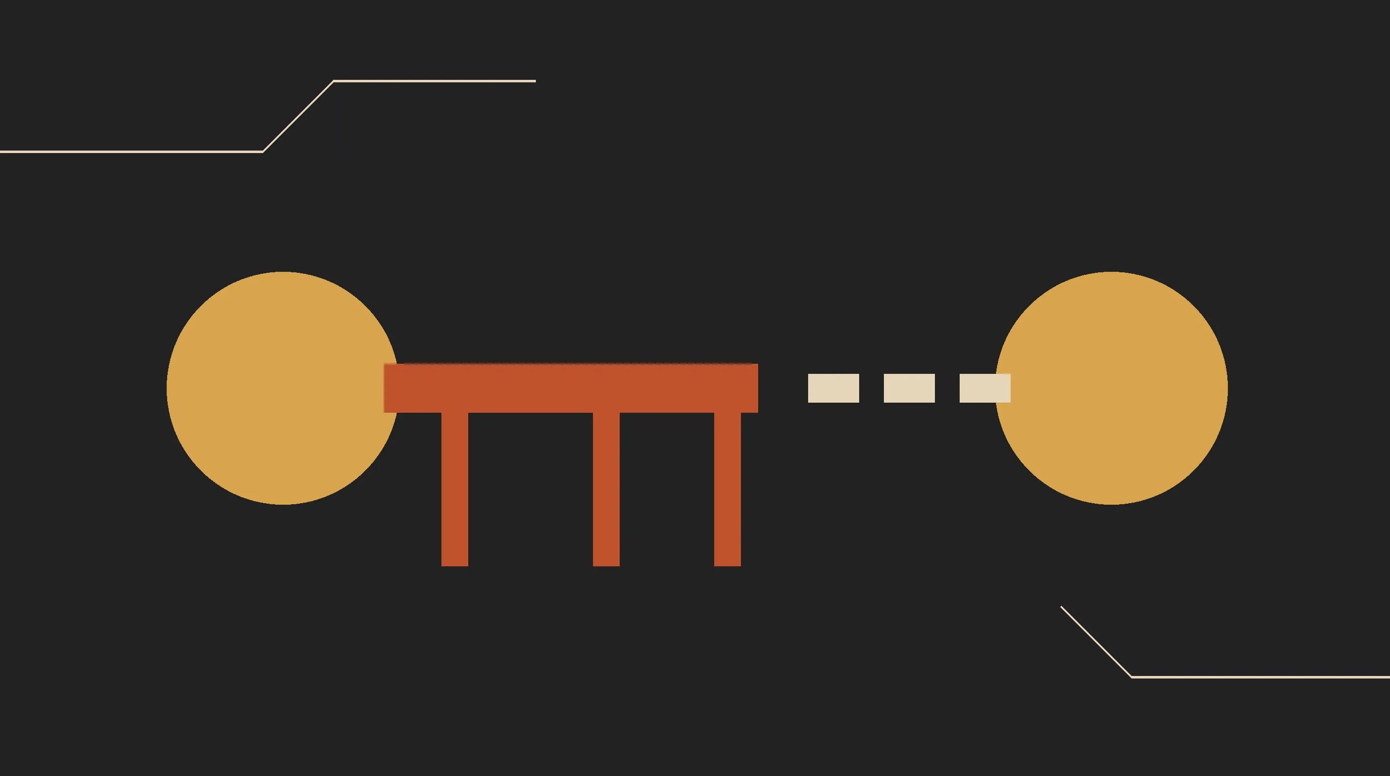 Dois círculos dourados com uma ponte laranja que sai de um deles, apoiada em três pilares, e para no meio do caminho; o trecho que falta aparece como três tracinhos claros