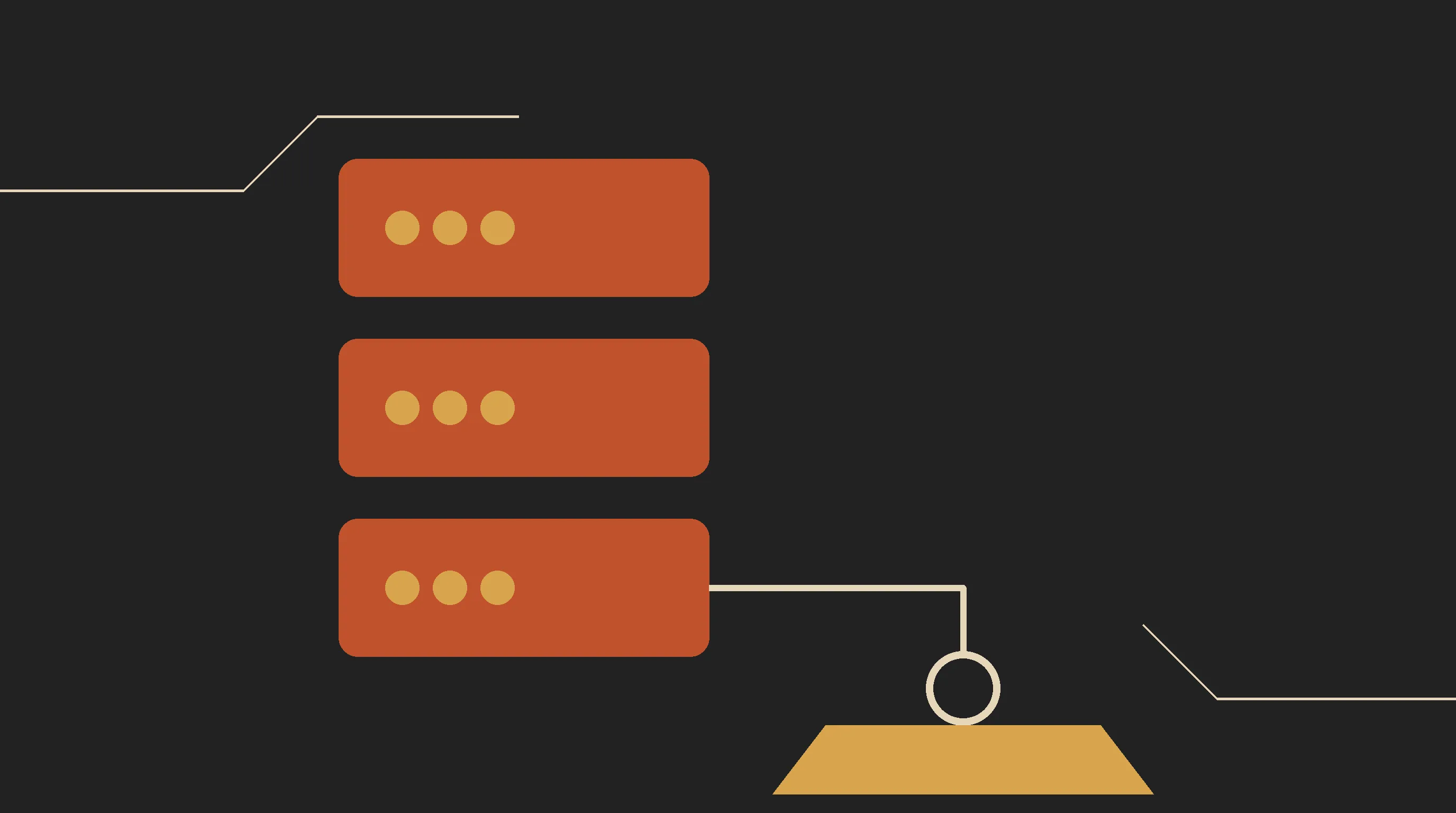 Três módulos laranja empilhados como um rack de data center, com lampadinhas douradas, ligados por um fio a um peso dourado pendurado