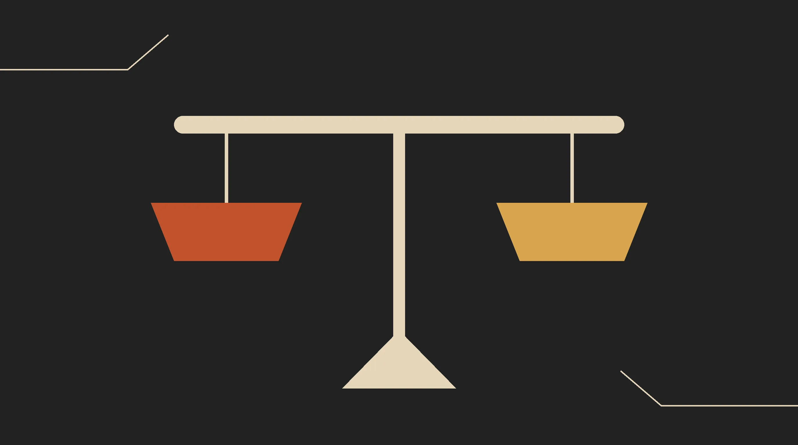 Uma balança de dois pratos perfeitamente nivelada: o braço na horizontal, um prato laranja e um dourado, exatamente na mesma altura