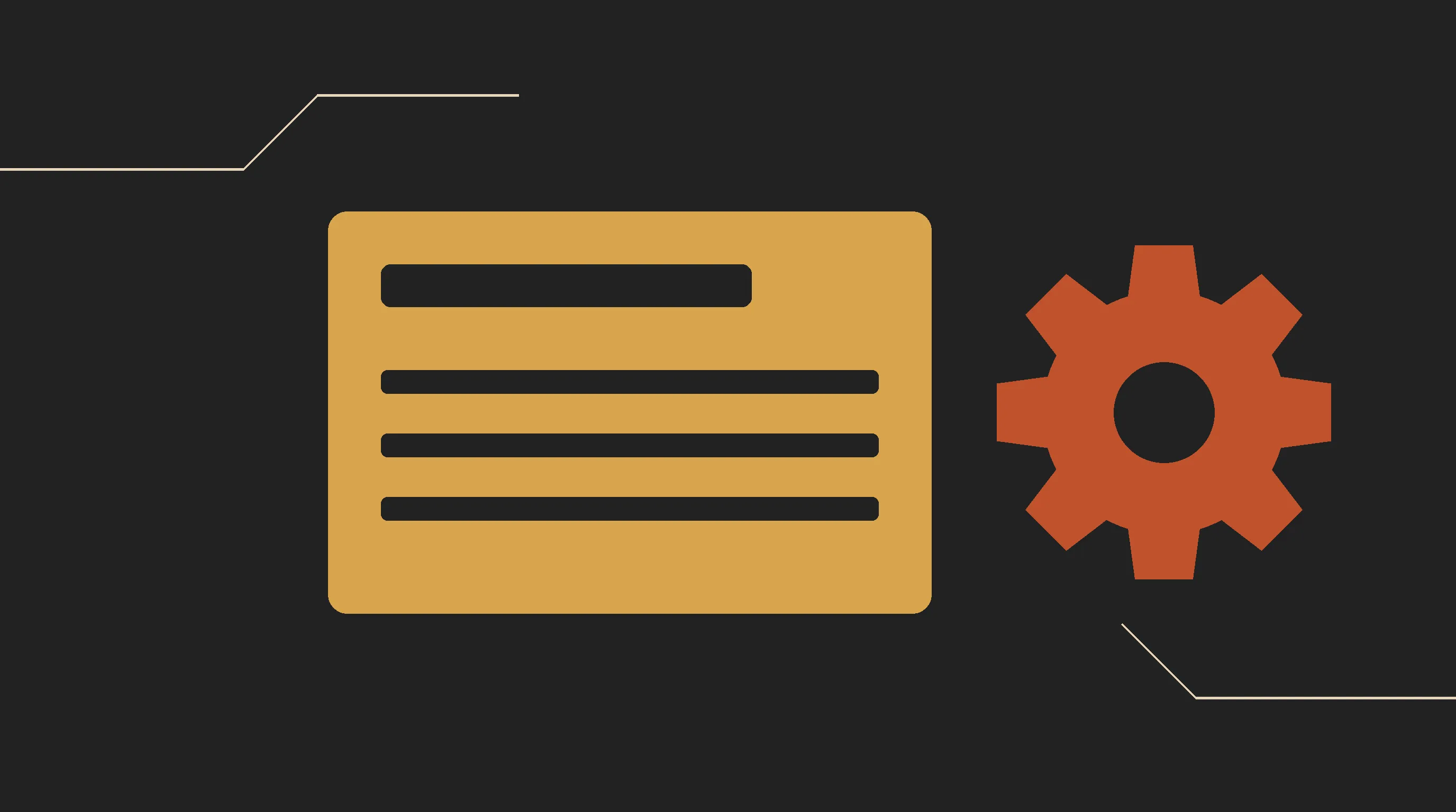 Um slide de apresentação dourado, com barra de título e três linhas de texto, e ao lado uma engrenagem laranja girando sozinha