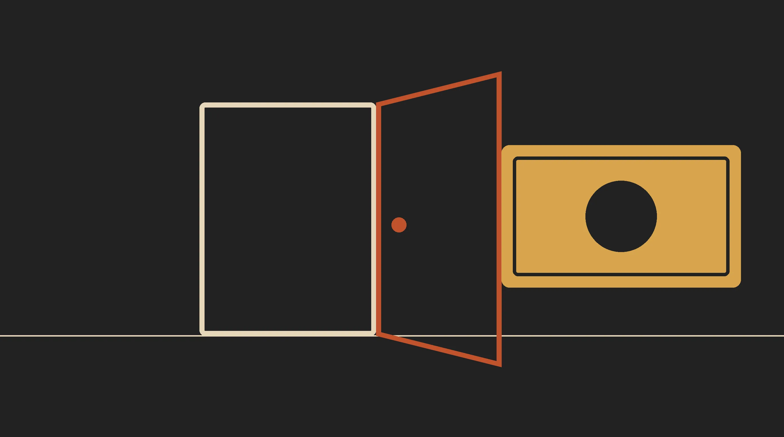 Uma porta geométrica laranja aberta sobre um caminho claro que atravessa, com um carimbo dourado ao lado